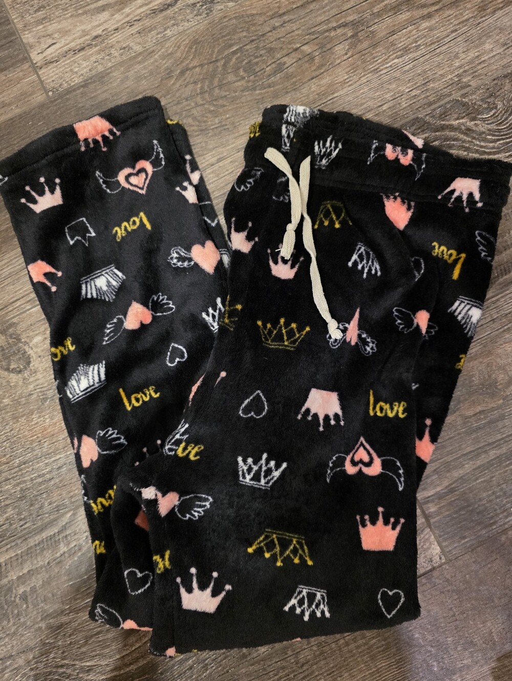 Fleece Pajama Pants with Pink & Gold Heart and Crown Print